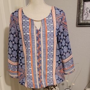 I.N. Studio Blue and Orange Geometric Blouse